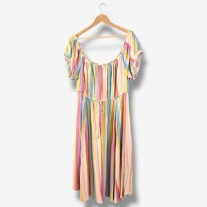 Torrid Pastel Stripe Midi Dress Size 3X Off Shoulder Yellow Pink Purple Spring